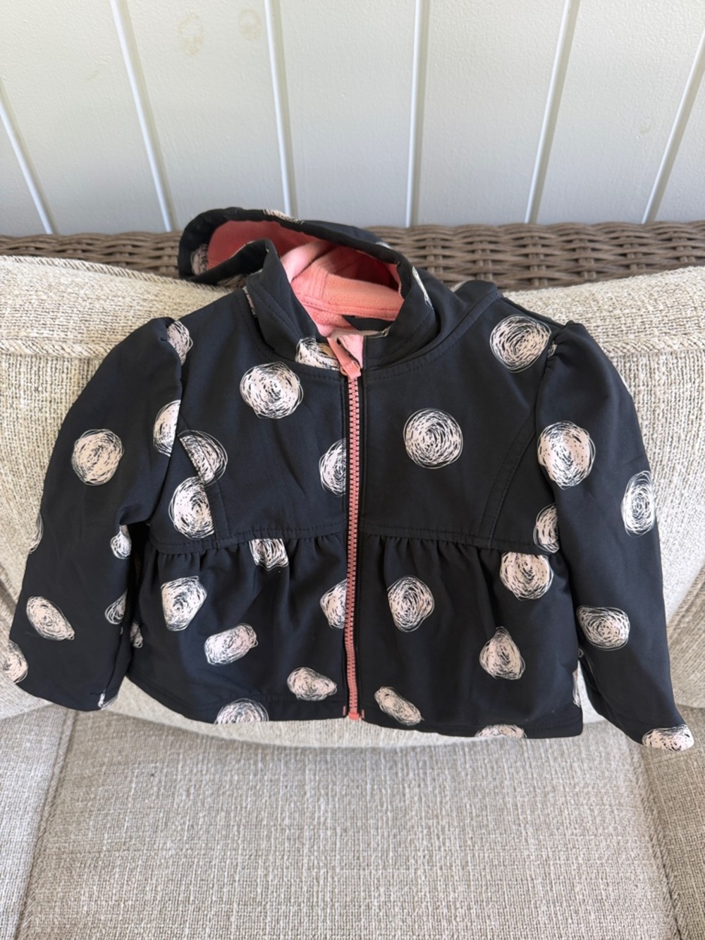 Cat & Jack Black Hooded Puffer Jacket with Pink Dot Print